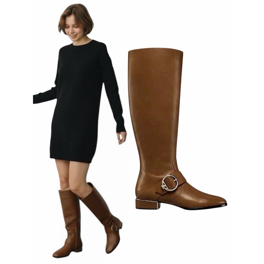 Tory Burch Sofia Tall Riding Boots Leather Logo Festive Brown Size 7 - Picture 12 of 12